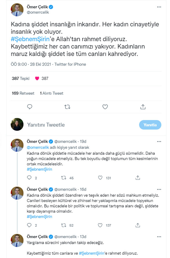 AKP'li Ömer Çelik'ten Şebnem Sevimli cinayeti açıklaması: Bayana dönük şiddetle çaba her alanda daha güçlü sürmelidir