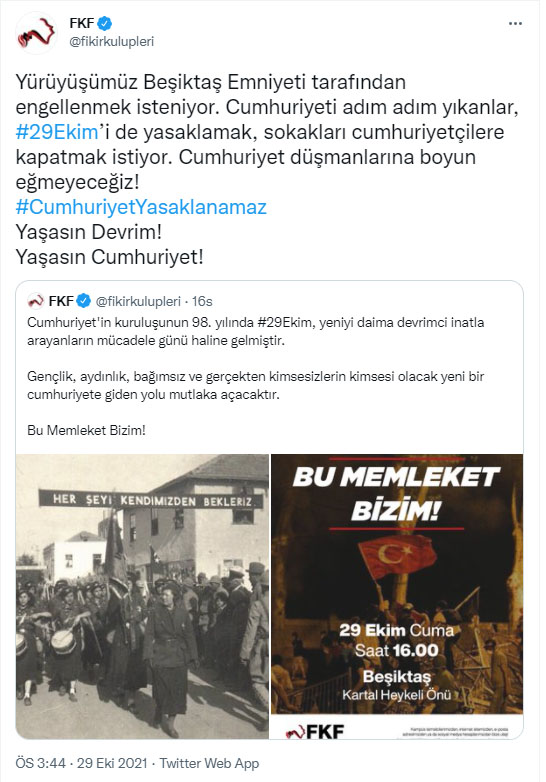 Beşiktaş'ta Fikir Kulüpleri Federasyonu'nun '29 Ekim' yürüyüşüne polis müdahalesi