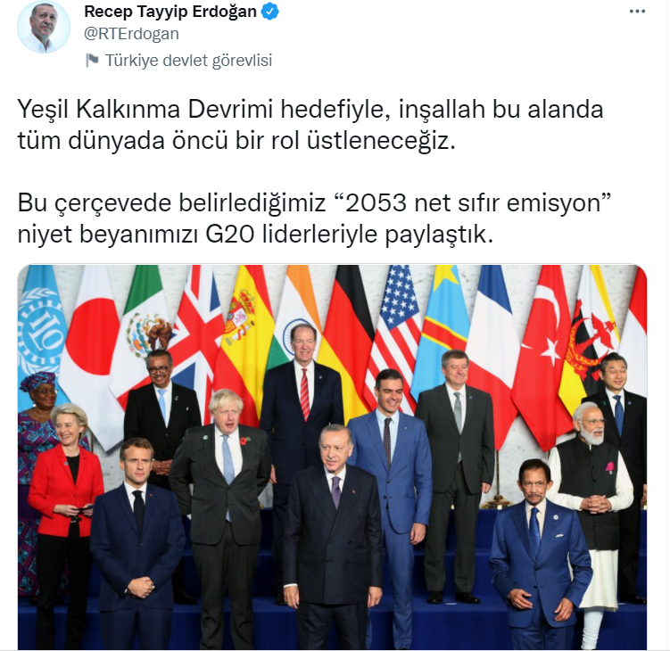 Erdoğan: “2053 net sıfır emisyon” niyet beyanımızı G20 önderleriyle paylaştık