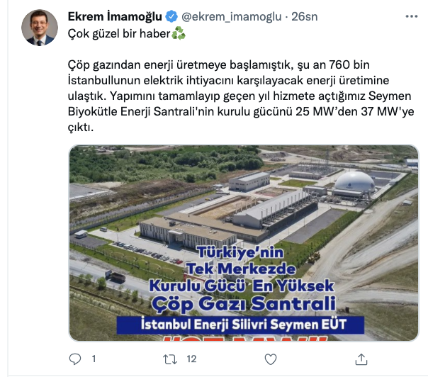 İmamoğlu:  Çöp gazından güç üretmeye başlamıştık, şu an 760 bin İstanbullunun elektrik muhtaçlığını karşılayacak güç üretimine ulaştık