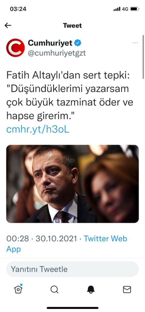 Fatih Altaylı'dan tweetini haberleştiren Cumhuriyet'e: Öylesine alçakça, adice, onursuzca bir alıntı ki, kabul etmek ve sessiz kalmak mümkün değil