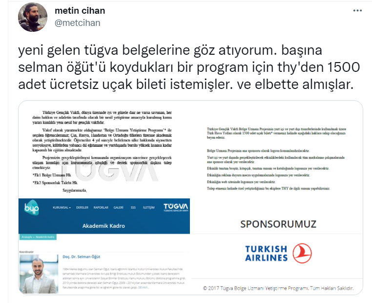 Metin Cihan: TÜGVA, Selman Öğüt'ün programı için THY'den bin 500 fiyatsız uçak bileti almış