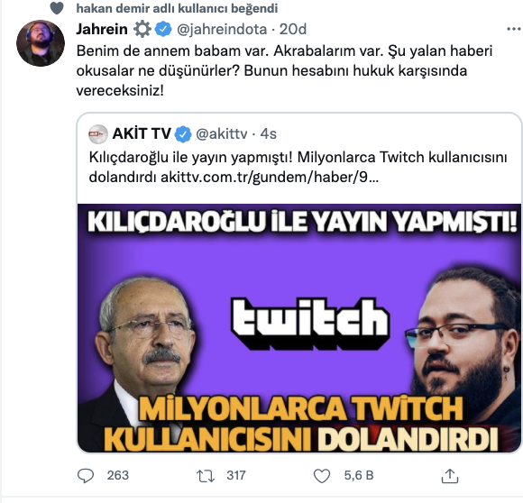 Twitch'te kara para aklama savlarını gündeme getiren Jahrein’den Akit TV’ye reaksiyon:  Şu palavra haberi okusalar ne düşünürler?
