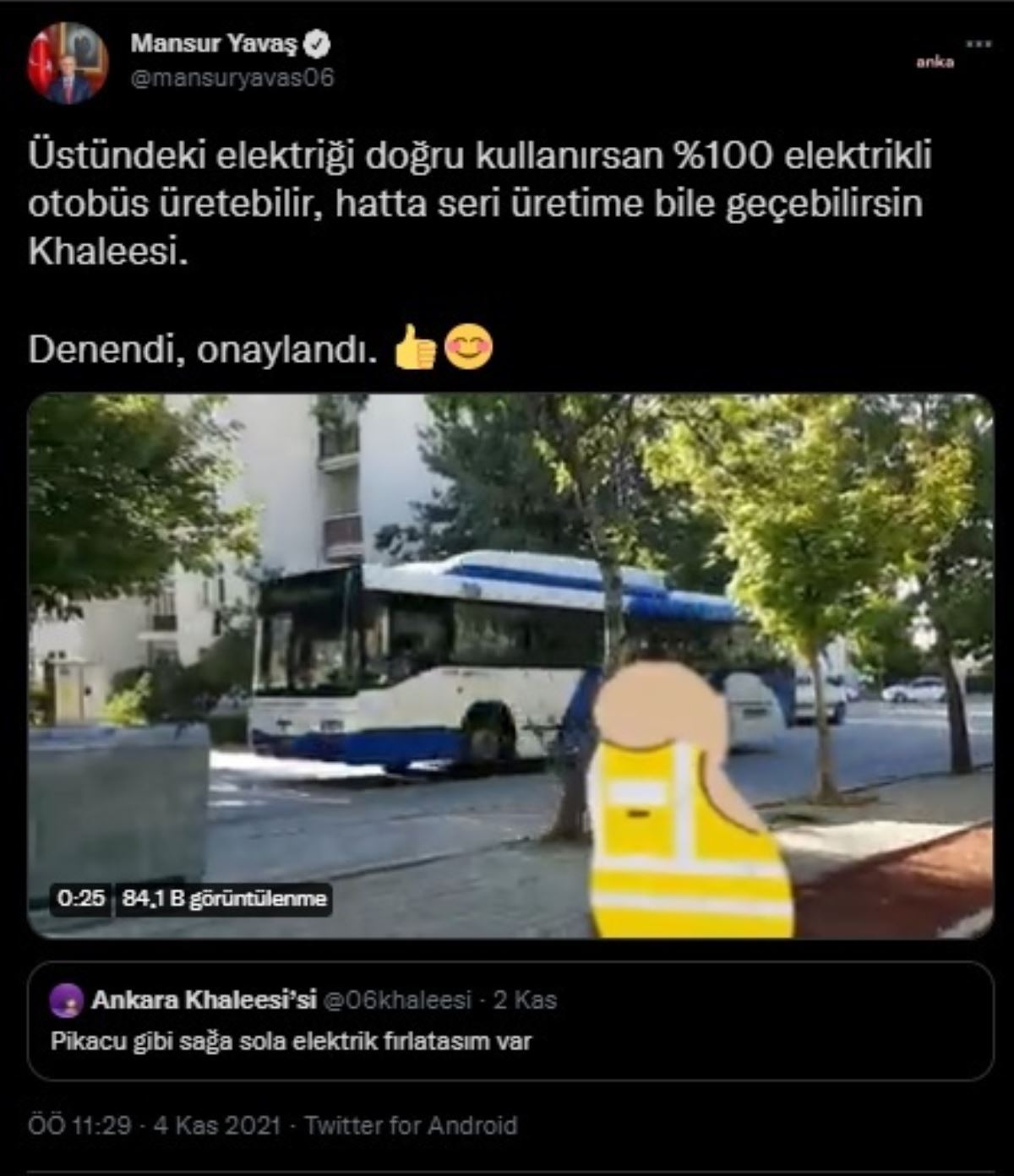 Mansur Yavaş'tan "Pikachu üzere sağa sola elektrik fırlatasım var" paylaşımına: Üstündeki elektriği gerçek kullanırsan yüzde 100 elektrikli otobüs üretebilirsin
