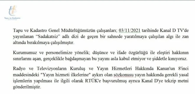 Tapu ve Kadastro Genel Müdürlüğü, Sadakatsiz'i RTÜK'e şikayet etti