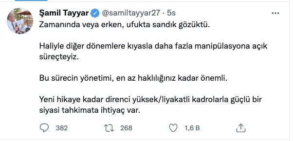 AKP’li Şamil Tayyar: Vaktinde yahut erken, ufukta sandık gözüktü