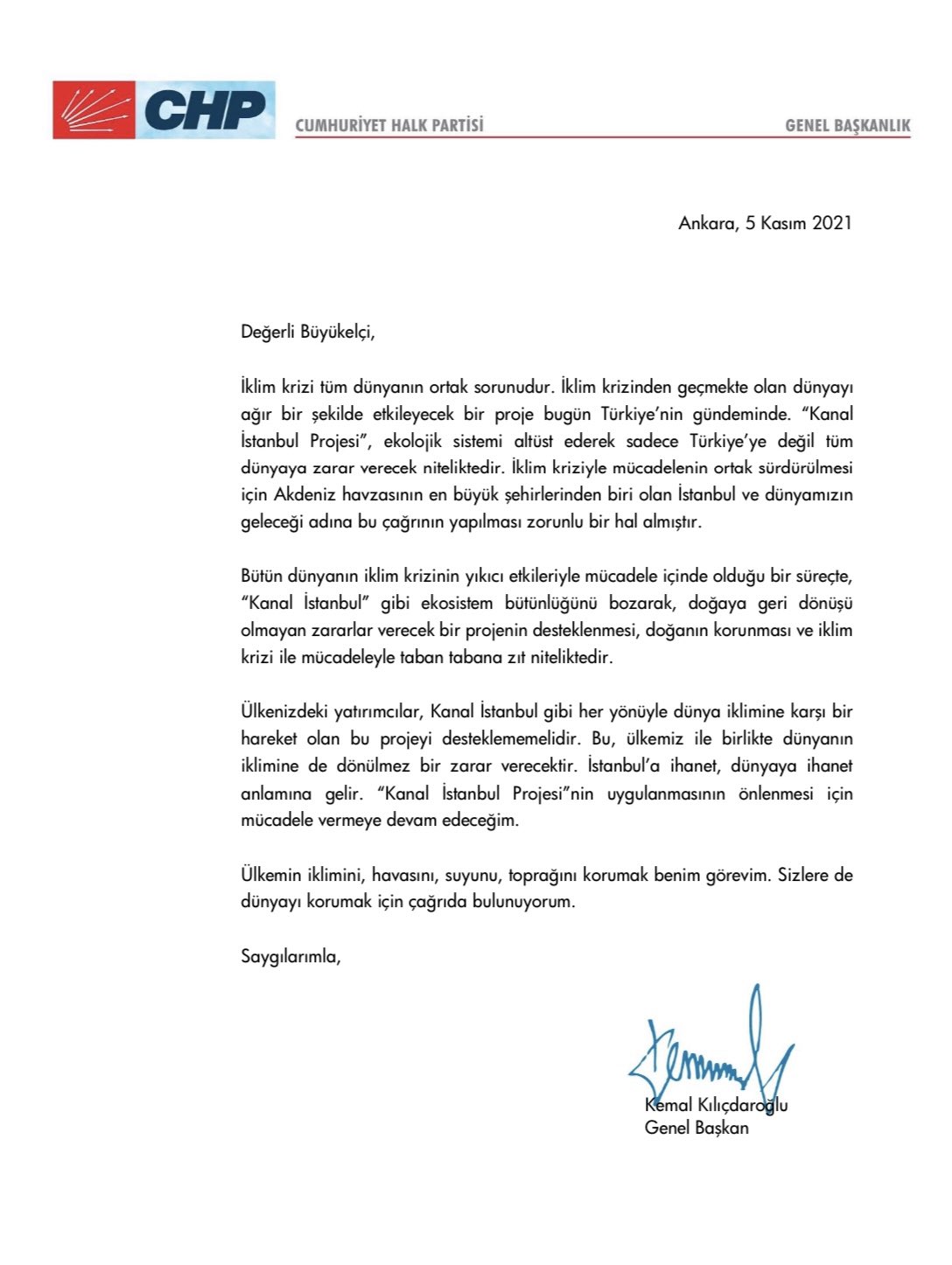 Kılıçdaroğlu'ndan büyükelçilere Kanal İstanbul mektubu: Ülkelerinizdeki yatırımcılar bu projeyi desteklememeli