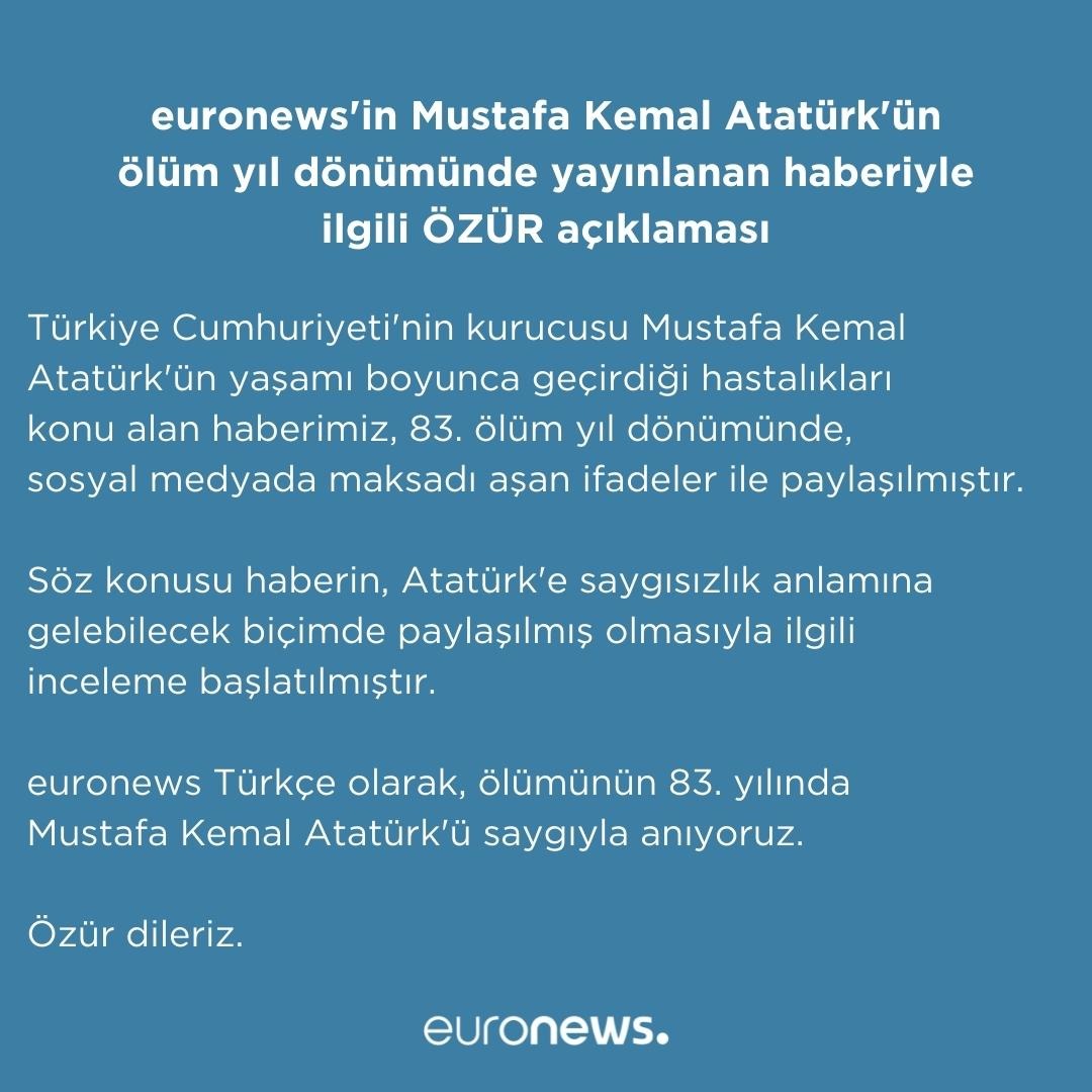 Euronews, Atatürk paylaşımı için özür diledi: Niyetini aşan sözlerle paylaşılan haber için inceleme başlatılmıştır