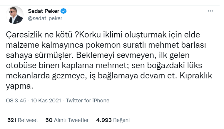 Sedat Peker: Endişe iklimi oluşturmak için elde materyal kalmayınca pokemon hızlı Mehmet Barlas’ı alana sürmüşler