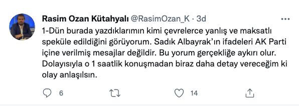 Rasim Ozan Kütahyalı: Sadık Albayrak’ın sözleri AK Parti içine verilmiş bildiriler değildir, bu yorum gerçekliğe alışılmamış olur
