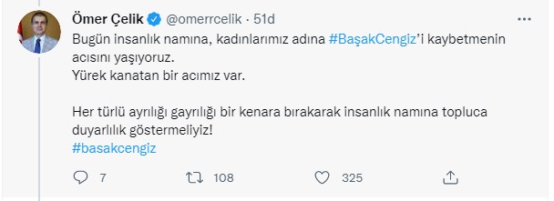AKP'li Çelik'ten "Başak Cengiz" paylaşımı: Toplumsal olarak bayan cinayetlerine karşı seferber olmamızın vakti geldi