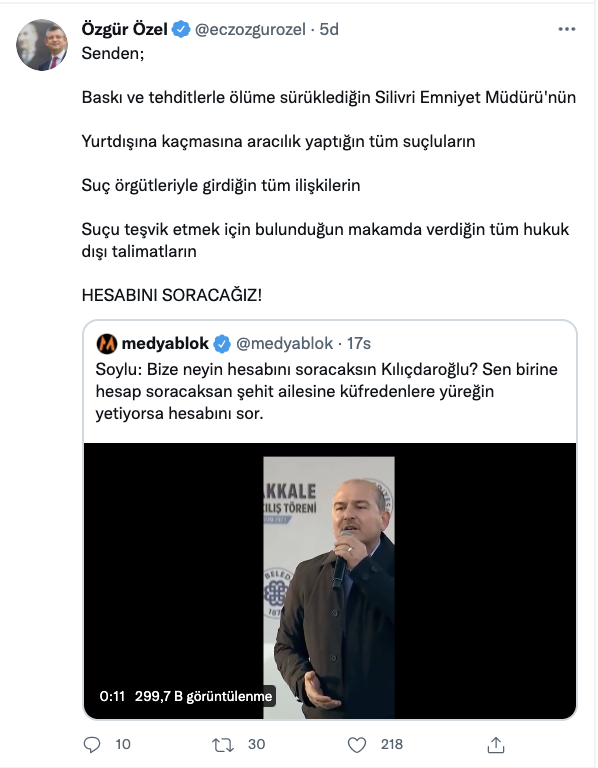 CHP'li Özel'den Bakan Soylu'ya: Senden kabahati teşvik etmek için bulunduğun makamda verdiğin tüm hukuk dışı talimatların hesabını soracağız!