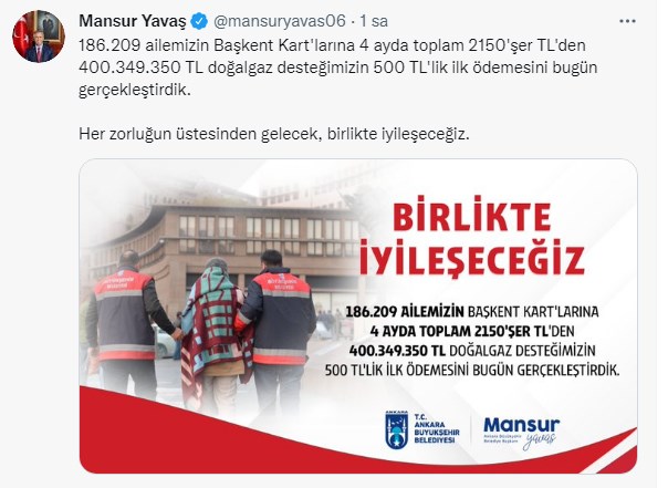 Ankara Büyükşehir Belediyesi toplumsal yardım alan ailelere 500 TL fiyatındaki birinci doğalgaz ödemesini yatırdı