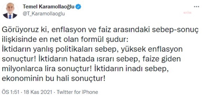 Karamollaoğlu: İktidarın inadı sebep, iktisadın bu hali sonuçtur!