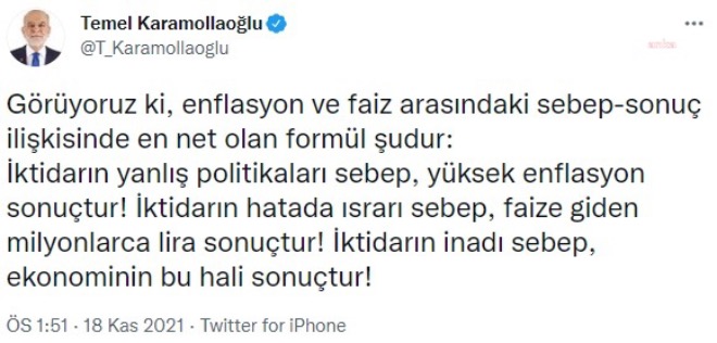 Karamollaoğlu: İktidarın inadı sebep, iktisadın bu hali sonuçtur!