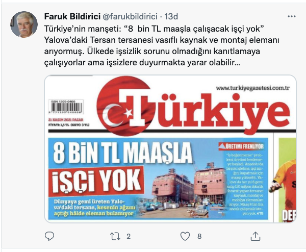 Türkiye gazetesi manşeti: 8 bin TL maaşla çalışacak emekçi yok