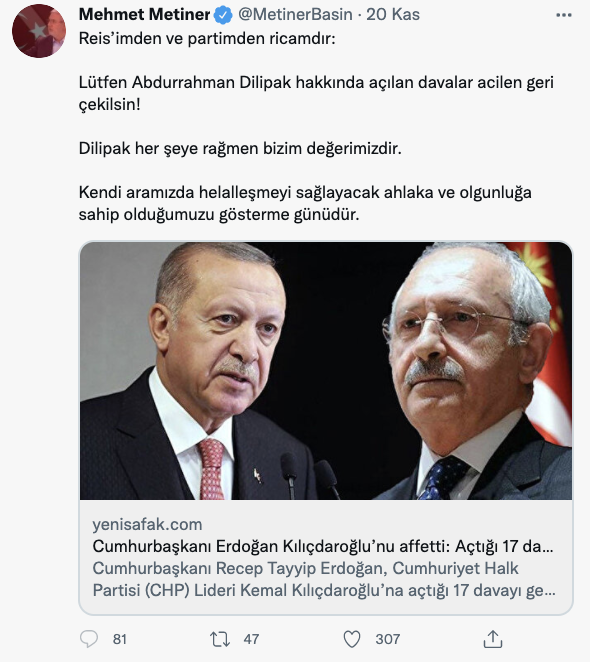 AKP'li Metiner: Reisimden ve partimden ricam, lütfen Abdurrahman Dilipak hakkında açılan davalar hemen geri çekilsin!