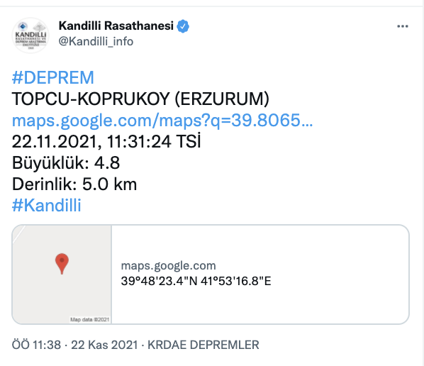 Erzurum'da 4.8 büyüklüğünde sarsıntı