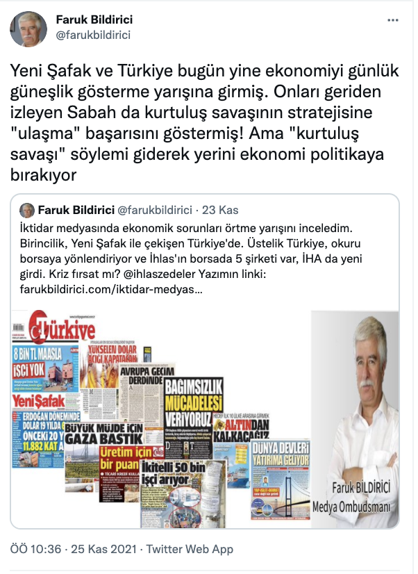Faruk Bildirici: Yeni Şafak ve Türkiye gazetesi bugün yeniden ekonomiyi günlük güneşlik gösterme yarışına girmiş