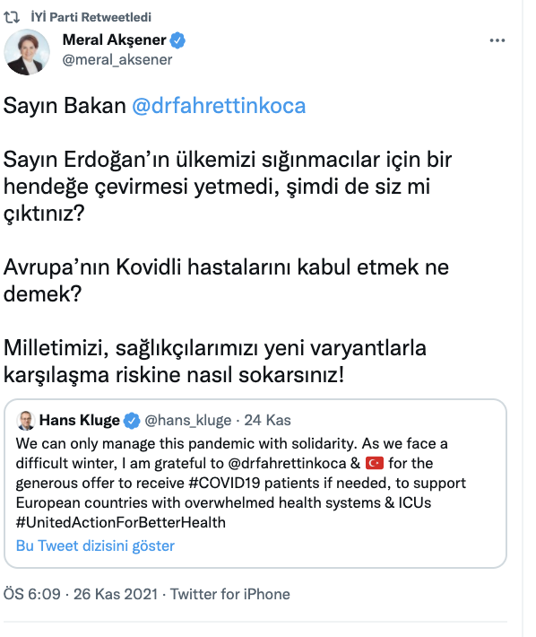 Akşener'den Bakan Koca'ya: Erdoğan’ın ülkemizi sığınmacılar için bir hendeğe çevirmesi yetmedi, artık de siz mi çıktınız?