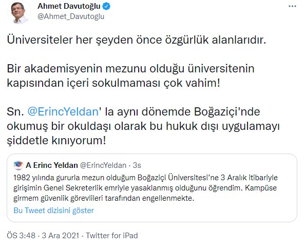 Davutoğlu’ndan Prof. Dr. Erinç Yeldan'ın Boğaziçi Üniversitesi’nde alınmamasına reaksiyon: Çok vahim, şiddetle kınıyorum