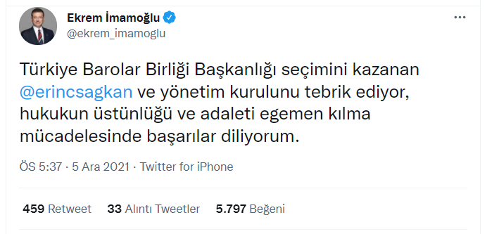 Barolar Birliği'nin seçimi bitti: yeni başkan Erinç Sağkan'a sosyal medyada tebrik mesajları 