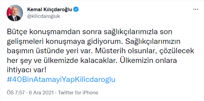 Kılıçdaroğlu: Bütçe konuşmamdan sonra sağlıkçılarımızla son gelişmeleri konuşmaya gidiyorum; müsterih olsunlar