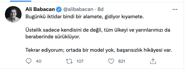 Ali Babacan: Bugünkü iktidar bindi bir alamete, gidiyor kıyamete