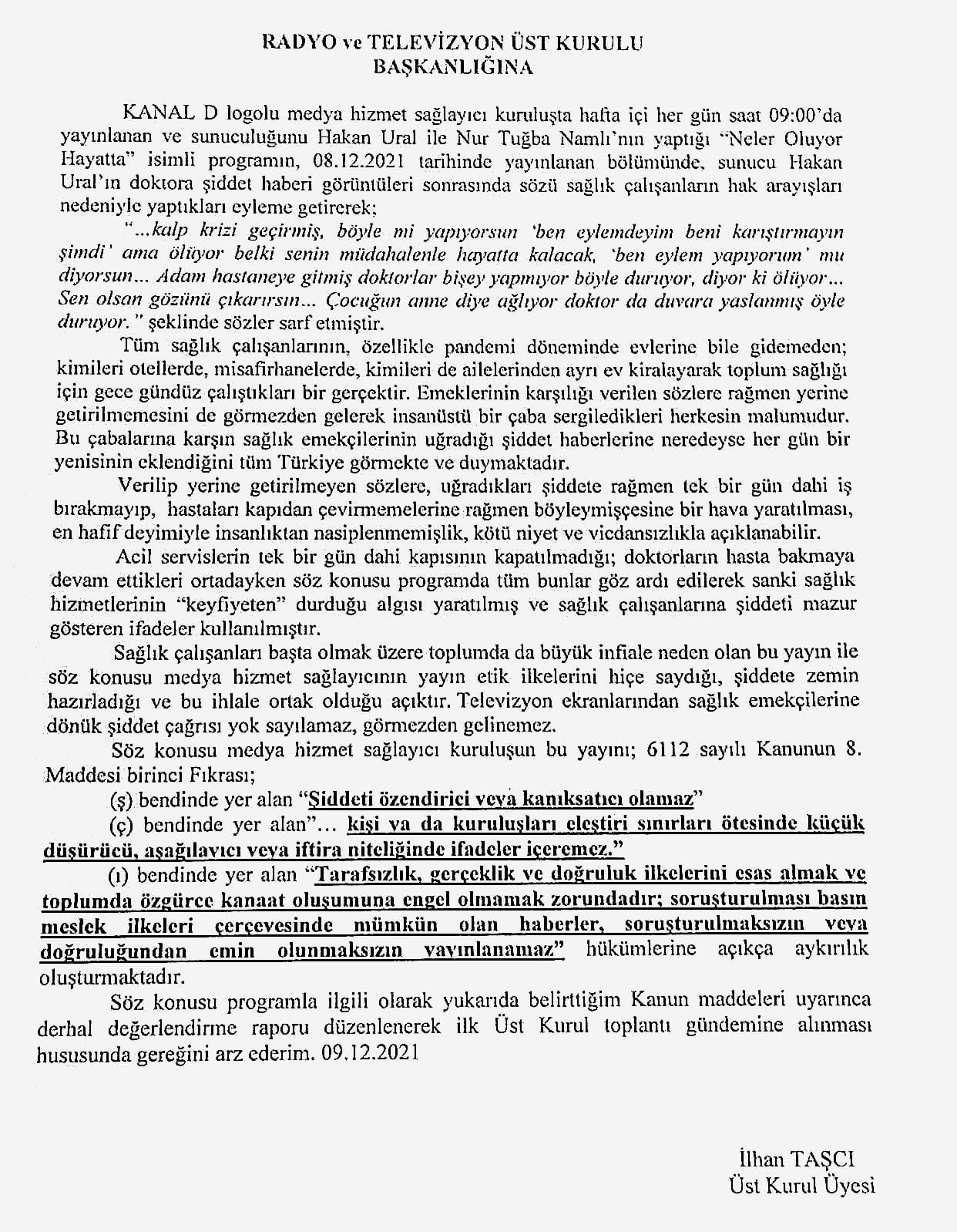 İlhan Taşcı'dan RTÜK'e Hakan Ural'ın sözleri hakkında inceleme talebi