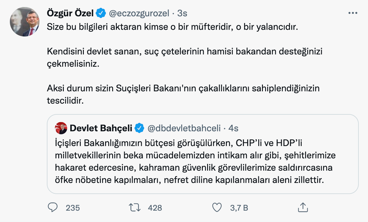 CHP'li Özel'den Bahçeli'ye: Kendisini devlet sanan, hata çetelerinin hamisi bakandan dayanağınızı çekmelisiniz