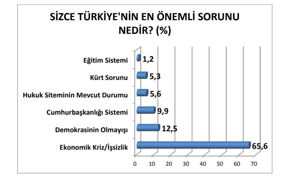 Katılımcılara ilk olarak “Sizce Türkiye’nin en önemli sorunu nedir?” sorusu yöneltildi. Katılımcıların yüze 65,6’sı “Ekonomik Kriz/İşsizlik”, yüzde 12,5’i “Demokrasinin Olmayışı”, yüzde 9,9’u “Cumhurbaşkanlığı Sistemi”, yüzde 5,6’sı “Hukuk Sisteminin Mevcut Durumu”, yüze 5,3’ü “Kürt Sorunu” yanıtı verdi