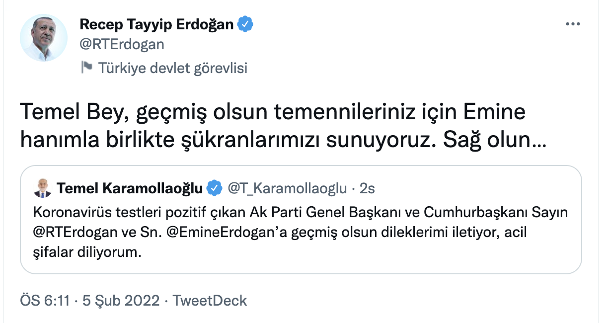 Liderler ve siyasilerden Cumhurbaşkanı Erdoğan ve eşi Emine Erdoğan'a geçmiş olsun mesajları