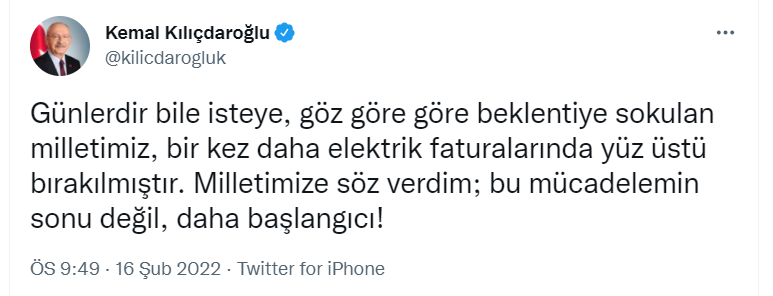 Kılıçdaroğlu&#39;ndan Erdoğan&#39;ın elektrik tarifeleriyle ilgili açıklamasına  tepki