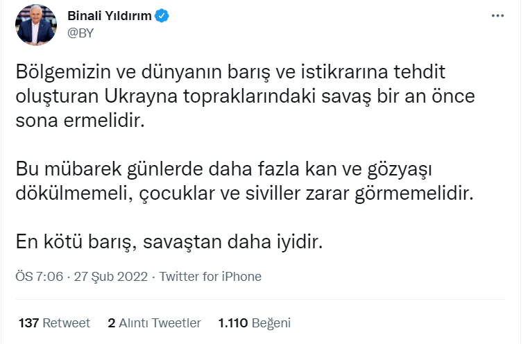 Binali Yıldırım: En makûs barış, savaştan daha uygundur