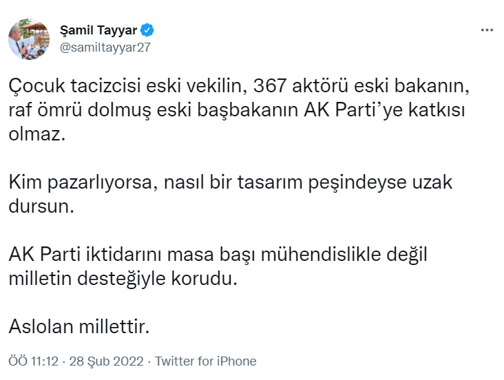 AKP'li Şamil Tayyar: Çocuk tacizcisi eski vekilin AK Parti'ye katkısı olmaz