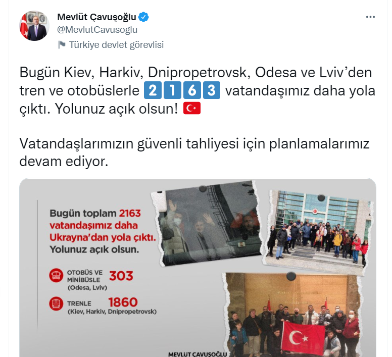 Dışişleri Bakanı Çavuşoğlu: Ukrayna'dan 2 bin 163 kişi daha tahliye için yola çıktı