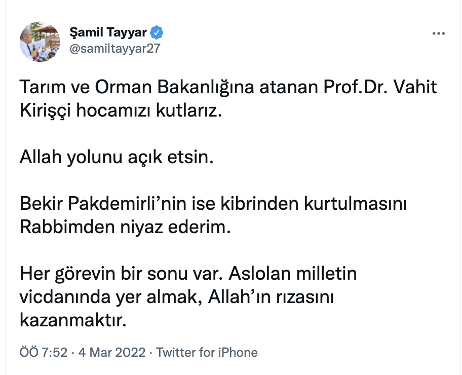AKP'li Tayyar: Bekir Pakdemirli’nin kibrinden kurtulmasını Rabbimden niyaz ederim