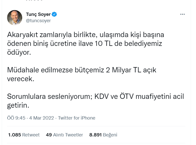 Tunç Soyer'den akaryakıtta vergi muafiyeti daveti: Müdahale edilmezse bütçemiz 2 milyar TL açık verecek