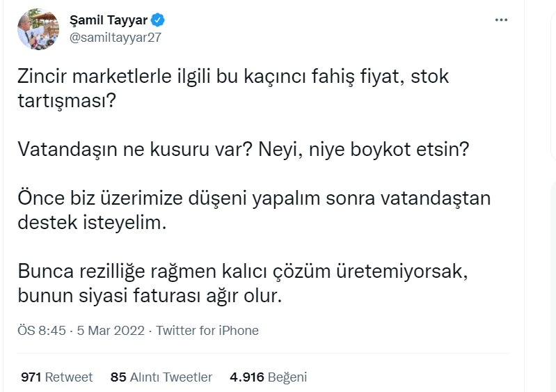 AKP'li Şamil Tayyar'dan fahiş fiyat reaksiyonu: Bu kadar rezilliğe karşın kalıcı tahlil üretemiyorsak, bunun siyasi faturası ağır olur
