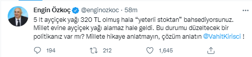 CHP'li Özkoç'tan 'yeterli stok var' diyen Bakan Kirişçi'ye reaksiyon: Millet meskenine ayçiçek yağı alamaz hale geldi