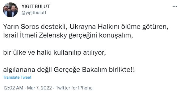 Cumhurbaşkanı Başdanışmanı Bulut: Soros dayanaklı ve İsrail İtmeli Zelenski, Ukrayna halkını mevte götürüyor