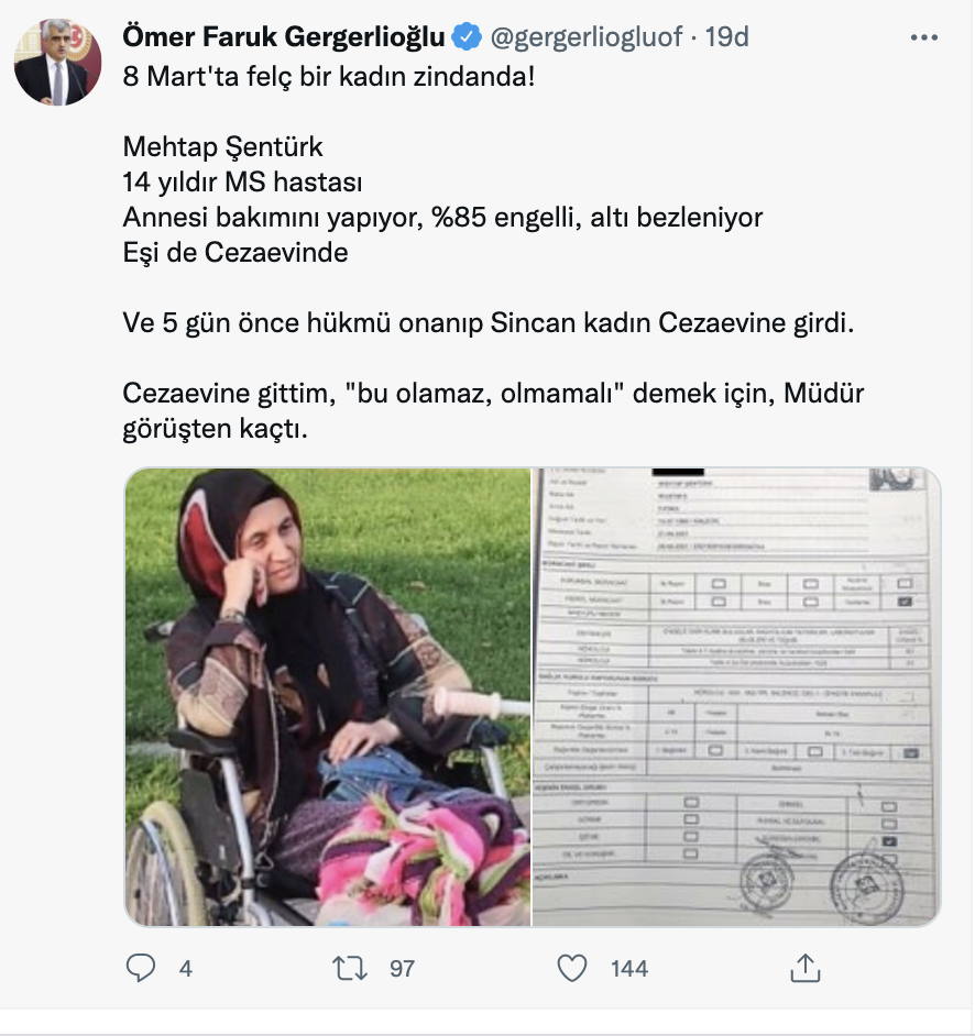 HDP’li Gergerlioğlu: 8 Mart'ta felç bir bayan zindanda!