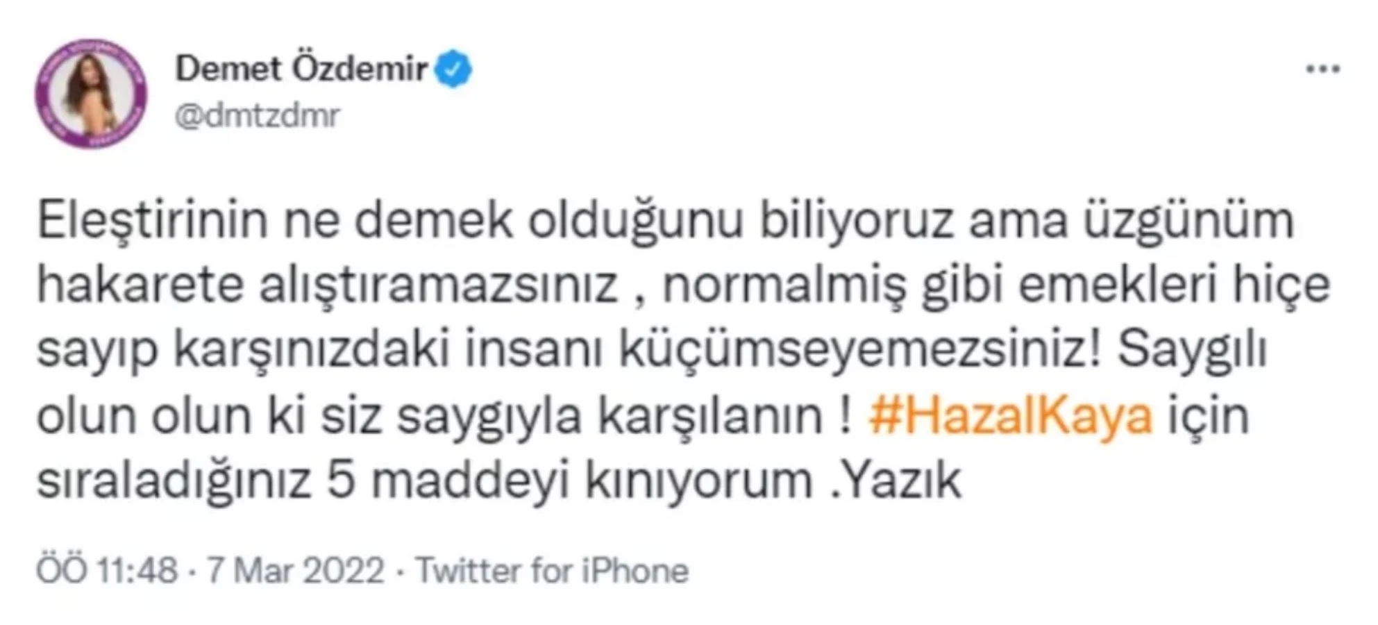Demet Özdemir'den Ahmet Hakan'a reaksiyon: Hazal Kaya için sıraladığınız 5 maddeyi kınıyorum, yazık