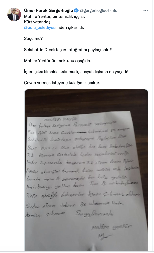 HDP'li Gergerlioğlu: Bolu Belediyesi, Demirtaş'ın fotoğrafını paylaşan paklık emekçisini işten çıkardı