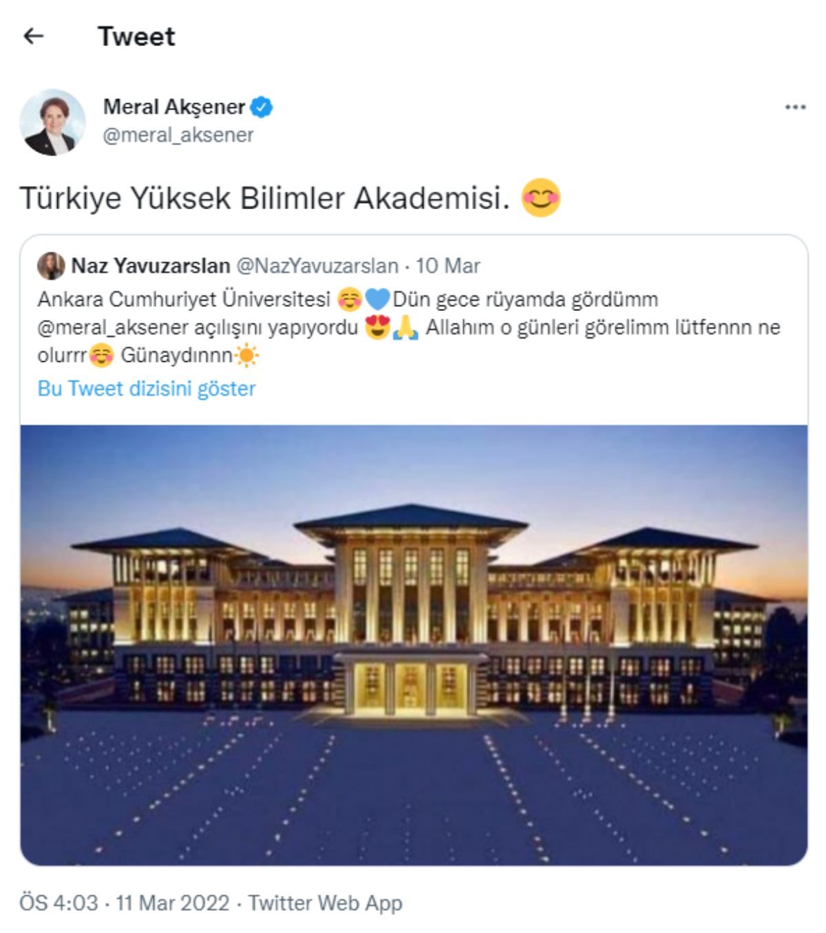 Akşener'den Cumhurbaşkanlığı Sarayı paylaşımı: Türkiye Yüksek Bilimler Akademisi