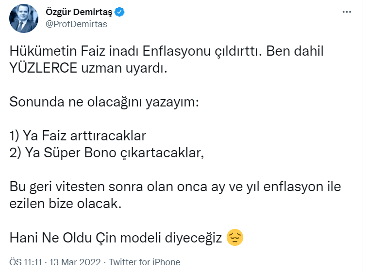 Prof. Dr. Özgür Demirtaş, "Hükümetin faiz inadı enflasyonu çıldırttı" dedi 'sonunda ne olacağını' yazdı