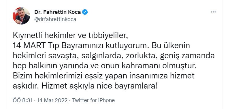 Sıhhat Bakanı Fahrettin Koca'dan "Tıp Bayramı" iletisi