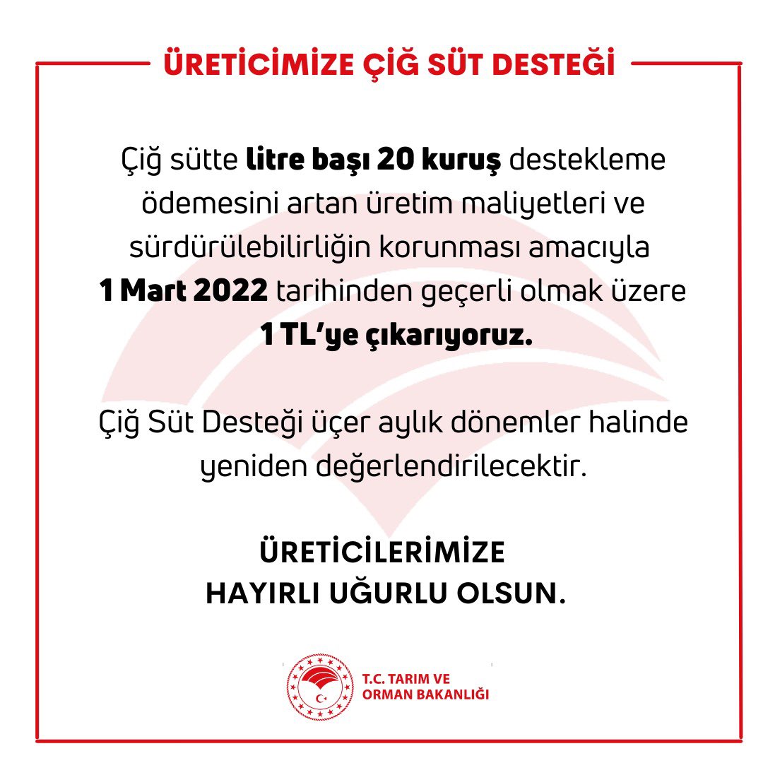 Çiğ sütte dayanak ödemesi litre başına 1 liraya yükseltildi