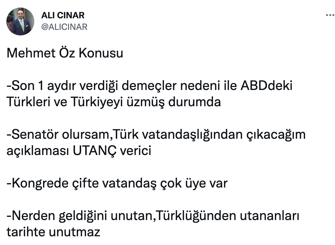 Gazeteci Ali Çınar'dan, senatör seçilirse Türk vatandaşlığından ayrılacağını açıklayan Mehmet Öz'e: Utanç verici!
