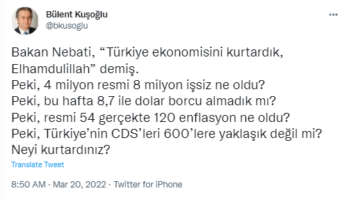 CHP'li Kuşoğlu'ndan 'Ekonomiyi kurtardık' diyen Bakan Nebati'ye: Gerçek enflasyon yüzde 120; neyi kurtardınız?